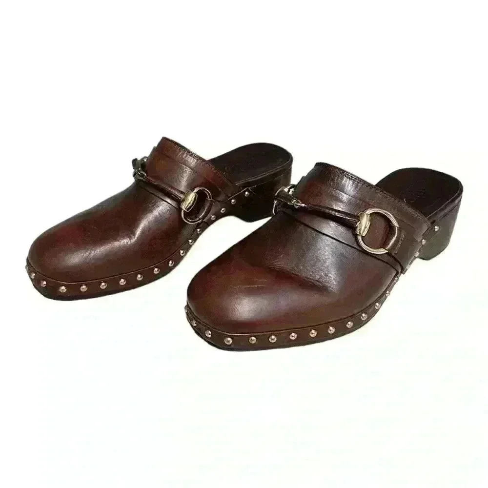 Gucci Brown Leather Mules/  Clogs With Gold Horsebit